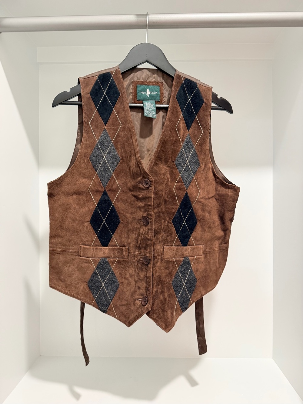 Vintage Hunt Club brown suede with black and gray argyle buttoned vest size 8